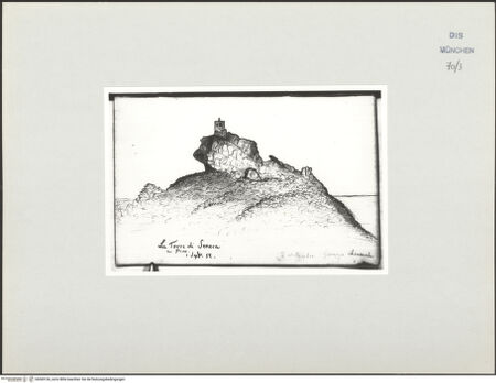 Vorderseite von Bibliotheca Hertziana [https://www.deutsche-digitale-bibliothek.de/content/lizenzen/rv-ez/] Korsika-SkizzenbuchLa Torre di Seneca bei Pino - , bh569136_recto. Foto.