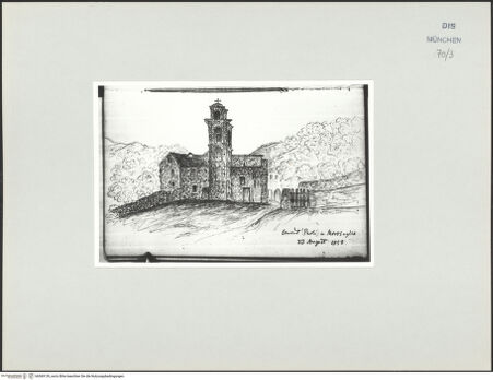 Vorderseite von Bibliotheca Hertziana [https://www.deutsche-digitale-bibliothek.de/content/lizenzen/rv-ez/] Korsika-SkizzenbuchConvent in Morosaglia (mit dem Grabmal des Pasquale de Paoli) - , bh569139_recto. Foto.