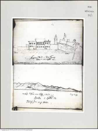 Vorderseite von Bibliotheca Hertziana [https://www.deutsche-digitale-bibliothek.de/content/lizenzen/rv-ez/] Korsika-SkizzenbuchNapoleons Haus in Portoferrajo auf Elba (1852.09.23); Ansicht von Corsica vom Schiff, 1 Meile von Bastia (1852.09.05) - oben, bh569140_recto. Foto.