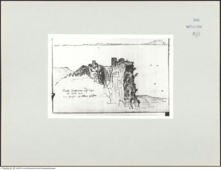 Vorderseite von Bibliotheca Hertziana [https://www.deutsche-digitale-bibliothek.de/content/lizenzen/rv-ez/] Skizzenbuch Latium, Kampanien, CapriCastello Barbarossa auf Capri vom Gipfel des Solaro gesehen - , bh569167_recto. Foto.