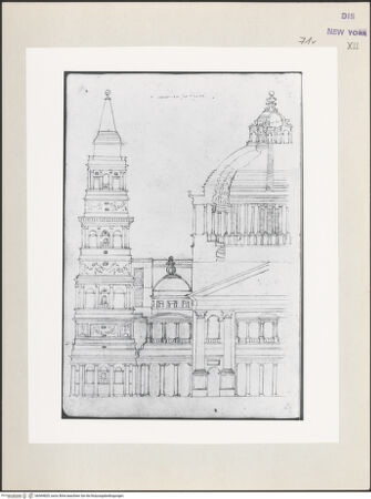 Vorderseite von Pierpont Morgan Library [https://www.deutsche-digitale-bibliothek.de/content/lizenzen/rv-ez/] Codex Mellon (Sketchbook of Menicantonio)Rom, Sankt Peter (Fassadenprojekt und Schnitt durch die Vierungskuppel; Schnitt durch den westlichen Chorarm und seinen Umgang)Sankt Peter, Fassadenprojekt und Schnitt der Vierungskuppel - , bh569829_recto. Foto: Loggie, David A..