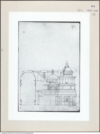 Vorderseite von Pierpont Morgan Library [https://www.deutsche-digitale-bibliothek.de/content/lizenzen/rv-ez/] Codex Mellon (Sketchbook of Menicantonio)Rom, Sankt Peter (Fassadenprojekt und Schnitt durch die Vierungskuppel; Schnitt durch den westlichen Chorarm und seinen Umgang)Rom, Sankt Peter, Schnitt durch den westlichen Chorarm und seinen Umgang - , bh569830_recto. Foto.