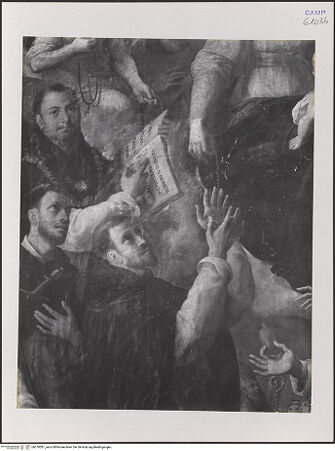 Vorderseite von Pedicini, Luciano [https://www.deutsche-digitale-bibliothek.de/content/lizenzen/rv-ez/] Rosenkranzmadonna mit den heiligen Dominikus, Petrus Martyr, Thomas von Aquin, Katharina von Siena; die fünfzehn Geheimnisse des Rosenkranzes - Detail: Heiliger Dominikus, bh570581_recto. Foto: Pedicini, Luciano.