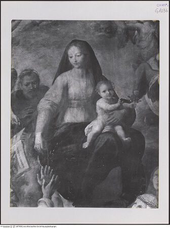 Vorderseite von Pedicini, Luciano [https://www.deutsche-digitale-bibliothek.de/content/lizenzen/rv-ez/] Rosenkranzmadonna mit den heiligen Dominikus, Petrus Martyr, Thomas von Aquin, Katharina von Siena; die fünfzehn Geheimnisse des Rosenkranzes - Detail: Madonna, bh570582_recto. Foto: Pedicini, Luciano.