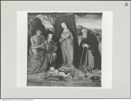 Vorderseite von Museo Civico Ala Ponzone Cremona [https://www.deutsche-digitale-bibliothek.de/content/lizenzen/rv-ez/] Anbetung des Christuskindes im Beisein Johannes des Täufers und Antonius Abbas mit musizierendem Engel - , bh570975_recto. Foto.