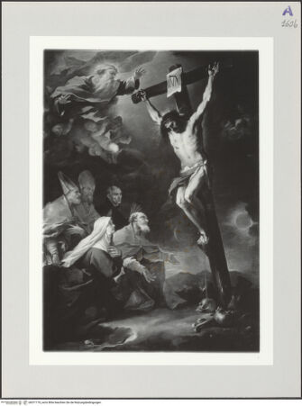 Vorderseite von Archivio dell'Arte [https://www.deutsche-digitale-bibliothek.de/content/lizenzen/rv-ez/] Die heiligen Baculo, Eusebius, Franziskus, Asprenus und Candida beten Christus am Kreuz an - , bh571176_recto. Foto: Pedicini, Luciano.