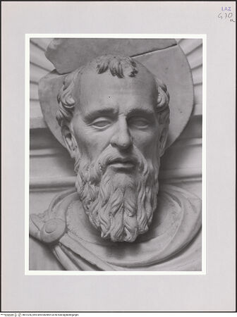 Vorderseite von Bibliotheca Hertziana [http://creativecommons.org/licenses/by-nc-sa/4.0/] Ausstattung der Cappella SimoncelliZwei ApostelfigurenHeiliger Paulus - Detail: Kopf, frontal, bh572206_recto. Foto: Sigismondi, Roberto.