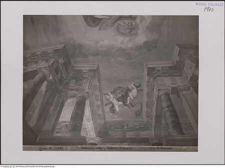 Vorderseite von Vatikan, Monumenti, Musei e Gallerie Pontificie? [https://www.deutsche-digitale-bibliothek.de/content/lizenzen/rv-ez/] Apoll auf dem Sonnenwagen und Chronos mit VeritasRahmenarchitektur: Fingierte Kolonnade - Fingierte Kolonnade und Putten mit den Attributen des Herkules (Domenichino), bh574438_recto. Foto: Moscioni, Romualdo.