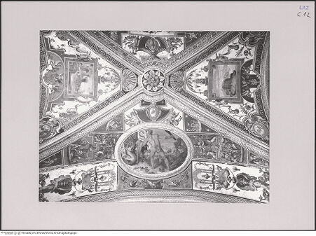 Vorderseite von ICCD [https://www.deutsche-digitale-bibliothek.de/content/lizenzen/rv-ez/] Groteskendekoration mit Ruinenlandschaften und vier mythologischen Szenen - Teilansicht, bh574486_recto. Foto.