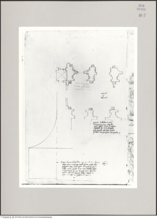 Vorderseite von Istituto Nazionale per la Grafica [https://www.deutsche-digitale-bibliothek.de/content/lizenzen/rv-ez/] Codice A (2501 A)Caracallathermen, Frigidarium, Tepidarium und südöstliche Palestra im Teilgrundriss; Aufriss der Fassade des Frigidariums; Imoscapo und Schnitt durch eine Säule - , bh575388_recto. Foto.