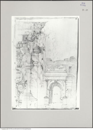 Vorderseite von Istituto Nazionale per la Grafica [https://www.deutsche-digitale-bibliothek.de/content/lizenzen/rv-ez/] Codice A (2501 A)Titusbogen, perspektivische Ansicht; Gesims, Postament und korinthisches Kapitell im Aufriss - , bh575399_recto. Foto.