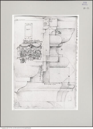 Vorderseite von Istituto Nazionale per la Grafica [https://www.deutsche-digitale-bibliothek.de/content/lizenzen/rv-ez/] Codice A (2501 A)Santa Costanza, Porphyrsarkophag und Profilansichten architektonischer Details - , bh575401_recto. Foto.