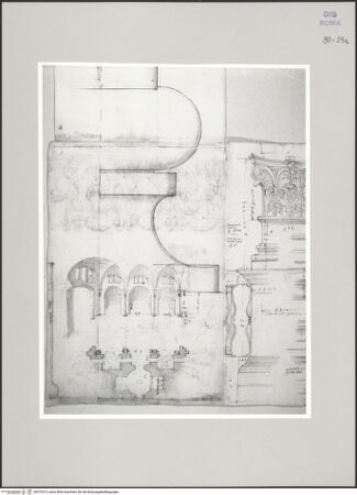 Vorderseite von Istituto Nazionale per la Grafica [https://www.deutsche-digitale-bibliothek.de/content/lizenzen/rv-ez/] Codice A (2501 A)Diokletiansthermen, Teilgrundriss; "capella dil ceuolo"; Attische Säulenbasis; - , bh575413_recto. Foto.