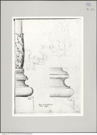 Vorderseite von Istituto Nazionale per la Grafica [https://www.deutsche-digitale-bibliothek.de/content/lizenzen/rv-ez/] Codice A (2501 A)Palatin, zwei Basen; Teilgrundriss eines Gebäudes mit Pilastern und Dreiviertelsäulen neben einer Treppenanlage; Akanthusornament; - , bh575425_recto. Foto.