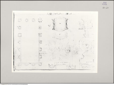 Vorderseite von Istituto Nazionale per la Grafica [https://www.deutsche-digitale-bibliothek.de/content/lizenzen/rv-ez/] Codice A (2501 A)Forum Boarium, Tempel des Portunus, Grundriss und architektonische Details: Grundriss und perspektivische Darstellung einer ionischen Säule, Schnitt durch zwei Säulen; Basis und Architrav im Profil - , bh575427_recto. Foto.