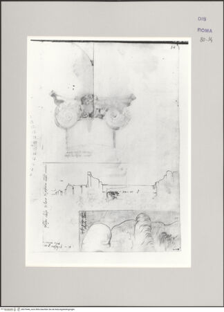 Vorderseite von Istituto Nazionale per la Grafica [https://www.deutsche-digitale-bibliothek.de/content/lizenzen/rv-ez/] Codice A (2501 A)Konstantinsbogen, Architektonische Details: Pilasterpostament mit Detailzeichnung eines Barbarenkopfes - , bh575440_recto. Foto.