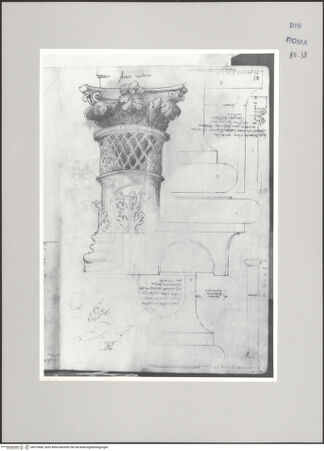 Vorderseite von Istituto Nazionale per la Grafica [https://www.deutsche-digitale-bibliothek.de/content/lizenzen/rv-ez/] Codice A (2501 A)Architektonische Details: Basis und Kapitell; Skizze zweier Bärtiger und Monogramm der Familie Alberti; Details antiker Säulen in der Vigna von San Pietro in Vincoli - , bh575450_recto. Foto.
