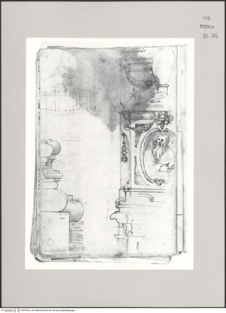 Vorderseite von Istituto Nazionale per la Grafica [https://www.deutsche-digitale-bibliothek.de/content/lizenzen/rv-ez/] Codice A (2501 A)Skizze für einen Rundbau mit Säulenkranz und Portikus; Zwei Säulenbasen vom Trajansforum; Trinità dei Monti, vierte Seitenkapelle rechts, Grabmonument des Kardinals Rodolfo Pio da Carpi von Leonardo Sormani - , bh575451_recto. Foto.