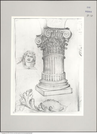 Vorderseite von Istituto Nazionale per la Grafica [https://www.deutsche-digitale-bibliothek.de/content/lizenzen/rv-ez/] Codice A (2501 A)Santi Bonifacio e Alessio, Basis, verkürzter Schaft und Kapitell einer korinthischen Säule; Akanthusfriesfragment; Fragment eines Reliefs mit der Darstellung eines weiblichen Kopfes mit dem Ansatz einer Girlande - , bh575452_recto. Foto.