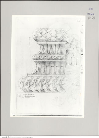 Vorderseite von Istituto Nazionale per la Grafica [https://www.deutsche-digitale-bibliothek.de/content/lizenzen/rv-ez/] Codice A (2501 A)Weinberg bei Santi Quattro Coronati, korinthische Pilasterbasis; Palatin, Maxentiusbasilika, Aufriss eines Innenraums - , bh575467_recto. Foto.
