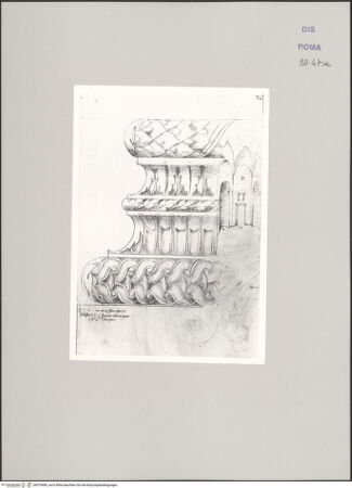 Vorderseite von Savio, Oscar [https://www.deutsche-digitale-bibliothek.de/content/lizenzen/rv-ez/] Codice A (2501 A)Weinberg bei Santi Quattro Coronati, korinthische Pilasterbasis; Palatin, Maxentiusbasilika, Aufriss eines Innenraums - , bh575468_recto. Foto.