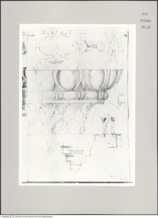 Vorderseite von Istituto Nazionale per la Grafica [https://www.deutsche-digitale-bibliothek.de/content/lizenzen/rv-ez/] Codice A (2501 A)Maxentiusbasilika, Grundriss und Aufriss zweier Nischen im Innenraum; ornamentiertes dorisches Kapitell; l a c u n a r i d a l P a l a t i n o con figure umane ??? - , bh575469_recto. Foto.