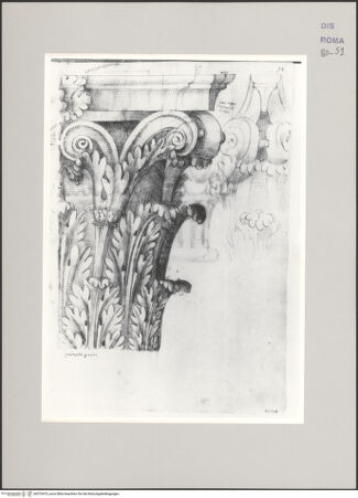 Vorderseite von Istituto Nazionale per la Grafica [https://www.deutsche-digitale-bibliothek.de/content/lizenzen/rv-ez/] Codice A (2501 A)Korinthisches Kapitell; Seitenansicht und perspektivische Darstellung der Ecklösung - , bh575475_recto. Foto.