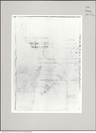 Vorderseite von Istituto Nazionale per la Grafica [https://www.deutsche-digitale-bibliothek.de/content/lizenzen/rv-ez/] Codice A (2501 A)Zwei ionische Basen im Profil; Kapitell mit umgekehrt geschwungenen Voluten; Skizze eines korinthischen Kapitells und einer Basis im Profil; - , bh575478_recto. Foto.