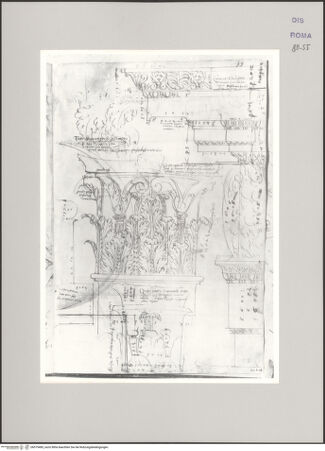 Vorderseite von Istituto Nazionale per la Grafica [https://www.deutsche-digitale-bibliothek.de/content/lizenzen/rv-ez/] Codice A (2501 A)Tempel des Iupiter Serapis, Kapitell im Aufriss, Plinthe und Säulenbasis im Profil (Originalgröße), Gebälk im Profil; weitere architektonische Details; Maßstab - , bh575485_recto. Foto.