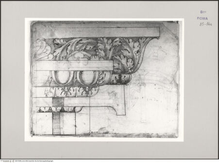 Vorderseite von Istituto Nazionale per la Grafica [https://www.deutsche-digitale-bibliothek.de/content/lizenzen/rv-ez/] Codice B (2501 B)Weinberg bei Santissimi Quattro Coronati, Rekonstruktionsskizze des Peristyls, Gesims im Aufriss - , bh575498_recto. Foto.