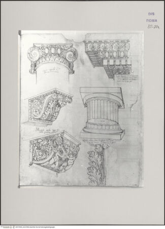 Vorderseite von Istituto Nazionale per la Grafica [https://www.deutsche-digitale-bibliothek.de/content/lizenzen/rv-ez/] Codice B (2501 B)Sant'Eustachio, ionisches Säulenkapitell; San Lorenzo in Panisperna, Gesims; San Pietro in Vincoli, Basis und Kapitell einer Säule toskanischer Ordnung im Aufriss und Kapitell im Profil; Zwei antike Konsolen; - , bh575509_recto. Foto.