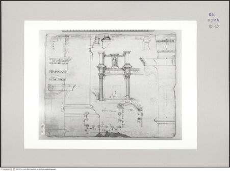 Vorderseite von Istituto Nazionale per la Grafica [https://www.deutsche-digitale-bibliothek.de/content/lizenzen/rv-ez/] Codice B (2501 B)Forum Transitorium, Tempel der Minerva, Gesimse, perspektivische Darstellung der "Colonnacce"; Grundriss des Pronaos - , bh575516_recto. Foto.