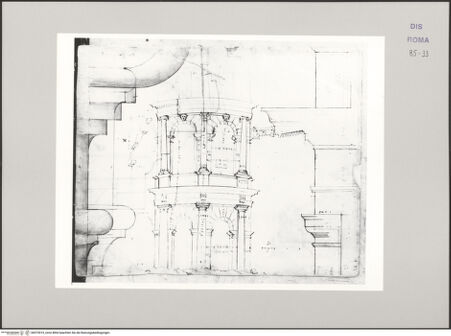 Vorderseite von Istituto Nazionale per la Grafica [https://www.deutsche-digitale-bibliothek.de/content/lizenzen/rv-ez/] Codice B (2501 B)Marcellustheater, Kapitell toskanischer Ordnung, Gesims im Profil, Aufriss zweier Achsen der ersten beiden Ordnungen des Theaters, Säule und Architrav dorischer Ordnung im Profil; - , bh575519_recto. Foto.