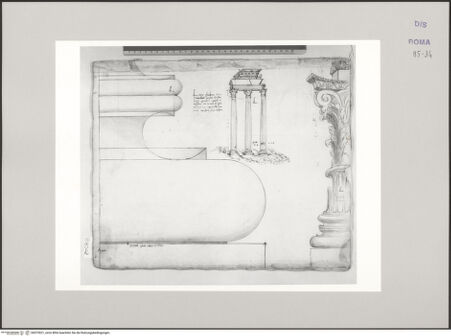 Vorderseite von Istituto Nazionale per la Grafica [https://www.deutsche-digitale-bibliothek.de/content/lizenzen/rv-ez/] Codice B (2501 B)Tempel des Castor und des Pollux, ionische Säulenbasis, perspektivische Darstellung der drei Säulen, Säulenbasis und -kapitell einer kannelierten Säule - , bh575521_recto. Foto.