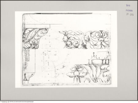 Vorderseite von Istituto Nazionale per la Grafica [https://www.deutsche-digitale-bibliothek.de/content/lizenzen/rv-ez/] Codice B (2501 B)Palatin, Gesims; Santi Quattro Coronati, perspektivische Darstellung und Grundriss der Kolonnade; Basis ionischer Ordnung - , bh575525_recto. Foto.