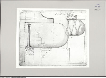 Vorderseite von Istituto Nazionale per la Grafica [https://www.deutsche-digitale-bibliothek.de/content/lizenzen/rv-ez/] Codice B (2501 B)Phokas-Säule, unterer Teil der Basis, Aufriss der gesamten Säule in kleinem Maßstab, Basis der Säule im Profil, unterer Teil einer ornamentierten attischen Basis; Profil eines Gesimses - , bh575533_recto. Foto.