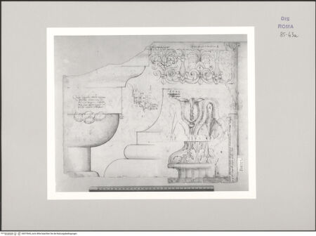 Vorderseite von Istituto Nazionale per la Grafica [https://www.deutsche-digitale-bibliothek.de/content/lizenzen/rv-ez/] Codice B (2501 B)Trajansforum (?), architektonische Details; Palatin, Kapitell; Sankt Peter, attische Pilasterbasis; - , bh575543_recto. Foto.