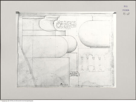 Vorderseite von Istituto Nazionale per la Grafica [https://www.deutsche-digitale-bibliothek.de/content/lizenzen/rv-ez/] Codice B (2501 B)Pantheon, Profil einer Säulenbasis des Innenraums; Septizonium, Profil einer Säulenbasis der ersten Ordnung; San Paolo fuori le mura, Säulenbasis und perspektivische Darstellung der Kolonnade - , bh575552_recto. Foto.