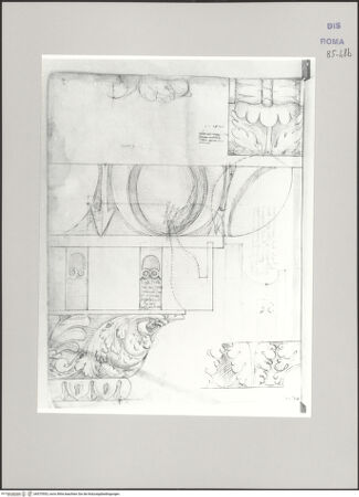 Vorderseite von Istituto Nazionale per la Grafica [https://www.deutsche-digitale-bibliothek.de/content/lizenzen/rv-ez/] Codice B (2501 B)"casa di M(esser) Fauiano Zeni", Aufriss des Konsolgesimses - , bh575553_recto. Foto.