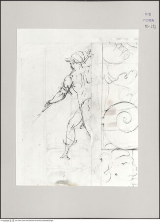 Vorderseite von Istituto Nazionale per la Grafica [https://www.deutsche-digitale-bibliothek.de/content/lizenzen/rv-ez/] Codice B (2501 B)Römischer Soldat mit Speer (?); weitere Skizze einer männlichen Figur (Cherubino Alberti?) - , bh575557_recto. Foto.