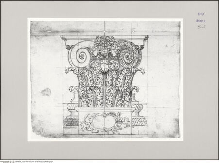 Vorderseite von Istituto Nazionale per la Grafica [https://www.deutsche-digitale-bibliothek.de/content/lizenzen/rv-ez/] Codice D (2504)Aufriss eines Kompositkapitells, zur rechten und zur linken des Kapitells Aufriss einer attischen Basis - , bh575570_recto. Foto.