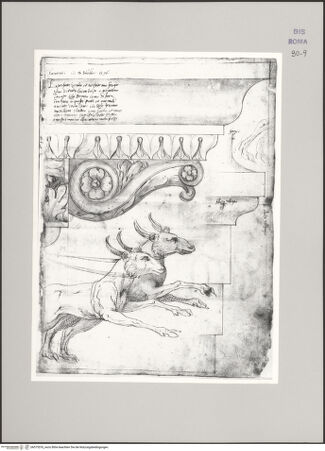 Vorderseite von Istituto Nazionale per la Grafica [https://www.deutsche-digitale-bibliothek.de/content/lizenzen/rv-ez/] Codice D (2504)Villa Hadriana in Tivoli, sog. Teatro Marittimo, Aufriss des Konsolgesimses und Putto im Wagen aus dem Friesornament (Fortsetzung von fol. 8 v), Profil des Architravs - , bh575576_recto. Foto.