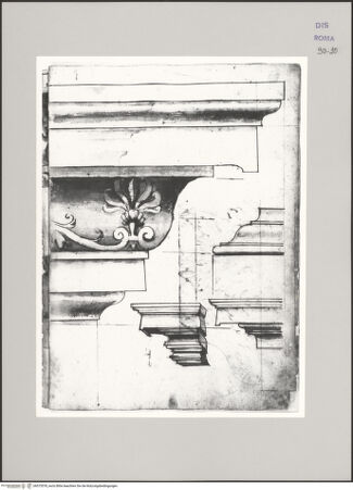 Vorderseite von Istituto Nazionale per la Grafica [https://www.deutsche-digitale-bibliothek.de/content/lizenzen/rv-ez/] Codice D (2504)Drei Gesimsstudien, eine in perspektivischer Darstellung - , bh575578_recto. Foto.