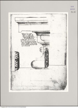 Vorderseite von Istituto Nazionale per la Grafica [https://www.deutsche-digitale-bibliothek.de/content/lizenzen/rv-ez/] Codice D (2504)Aventin, Architrav im Aufriss (Fortsetzung von fol. 10 v); Profil eines Gesimses aus einer Vigna in der Nähe des Kolosseums - , bh575580_recto. Foto.