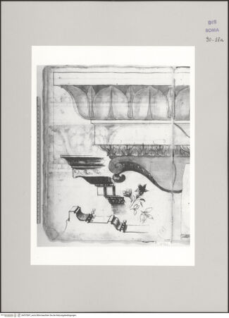 Vorderseite von Istituto Nazionale per la Grafica [https://www.deutsche-digitale-bibliothek.de/content/lizenzen/rv-ez/] Codice D (2504)Konsolgesims, gefunden in der Vigna von San Pietro in Vincoli (Fortsetzung auf fol. 19 r); Skizze eines Gesimses mit Wellenfries; Wandgliederung mit Perlenstab; Blumenskizze - , bh575597_recto. Foto.