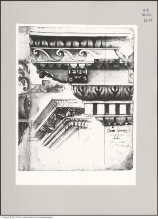 Vorderseite von Istituto Nazionale per la Grafica [https://www.deutsche-digitale-bibliothek.de/content/lizenzen/rv-ez/] Codice D (2504)Konsolgesims mit Wellenfries in Aufriss und perspektivischer Darstellung - , bh575608_recto. Foto.