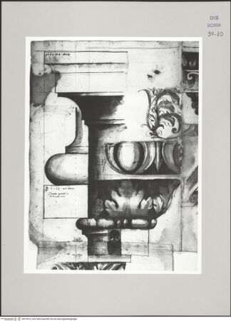 Vorderseite von Istituto Nazionale per la Grafica [https://www.deutsche-digitale-bibliothek.de/content/lizenzen/rv-ez/] Codice D (2504)Basis und Kapitell einer Säule im Profil; Skizze des Kapitells mit Abakusplatte in perspektivischer Darstellung; Konsolgesims im Originalmaßstab (Fortsetzung auf fol. 31 r); perspektivische Ansicht eines modernen Gesimses, vom Bauverbund gelöst - , bh575619_recto. Foto.