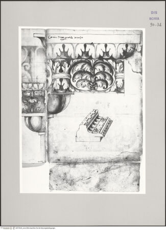 Vorderseite von Istituto Nazionale per la Grafica [https://www.deutsche-digitale-bibliothek.de/content/lizenzen/rv-ez/] Codice D (2504)Konsolgesims im Originalmaßstab, perspektivische Ansicht eines modernen Gesimses, vom Bauverbund gelöst - , bh575620_recto. Foto.