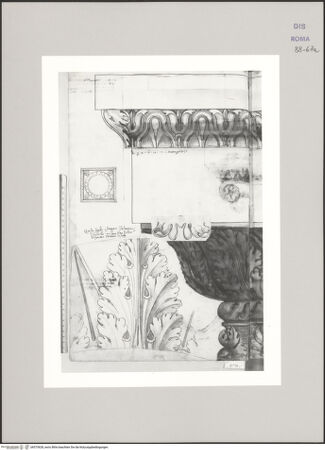 Vorderseite von Istituto Nazionale per la Grafica [https://www.deutsche-digitale-bibliothek.de/content/lizenzen/rv-ez/] Codice C (2502)Studie eines Kapitells (Fortsetzung auf fol. 68 r), Aufriss der Abakus-Unterseite, Detailstudie eines Akanthusblattes - , bh575628_recto. Foto.