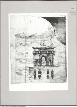 Vorderseite von Istituto Nazionale per la Grafica [https://www.deutsche-digitale-bibliothek.de/content/lizenzen/rv-ez/] Codice C (2502)Septimius-Severus-Bogen, perspektivische Ansicht und Grundriss - , bh575638_recto. Foto.